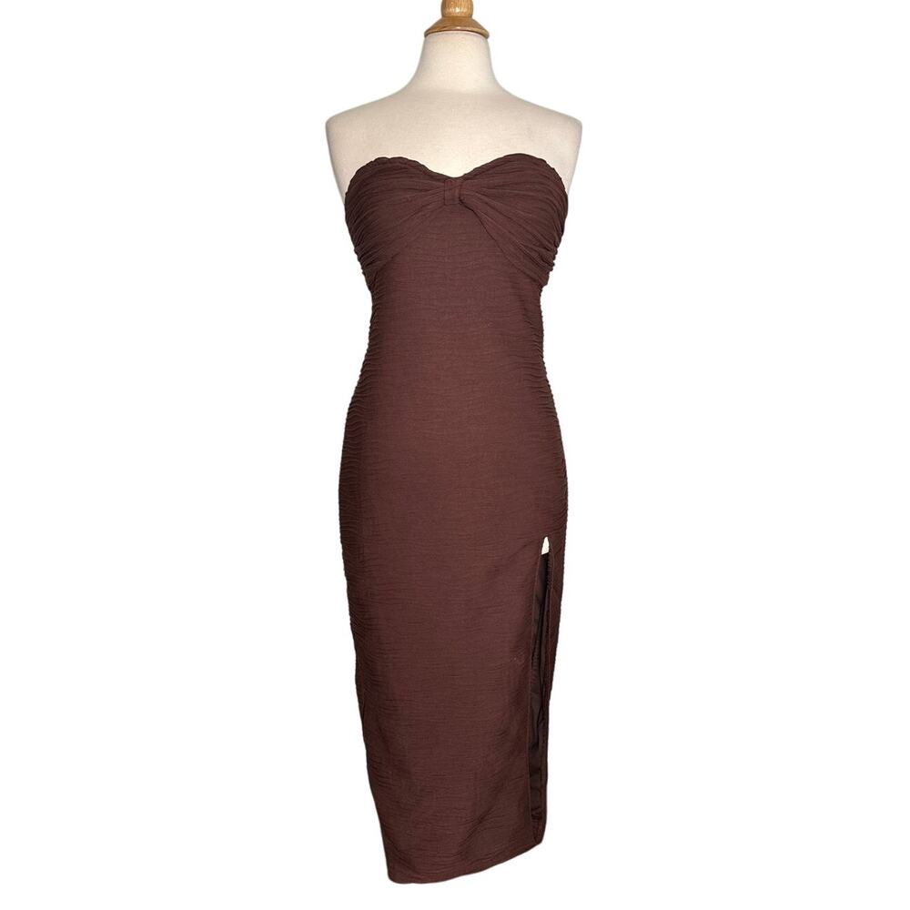 Shein Mocha Brown Textured Strapless Bodycon Fitted Midi Dress Bow Waves JJ2